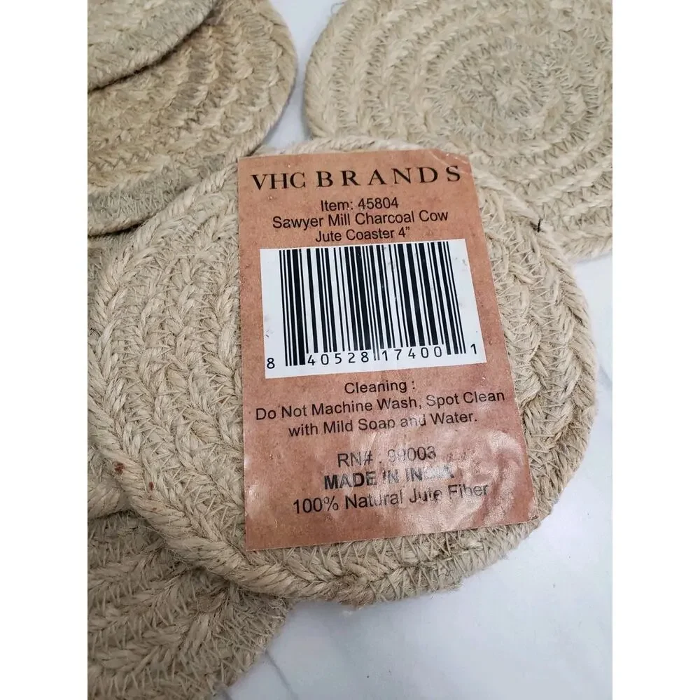 VHC Brand Coasters Cumberland Jute Rustic 4in Set of 15 Cow Chicken Pig Hen Farm